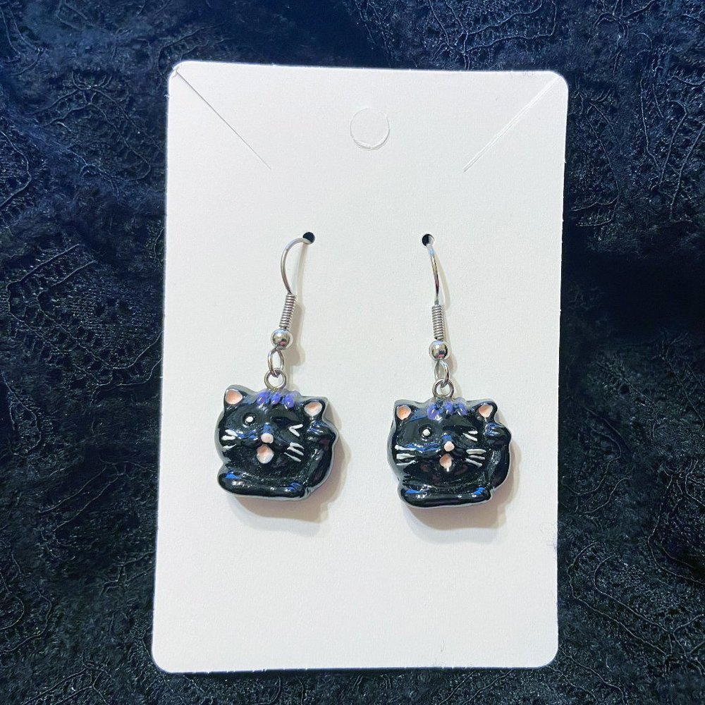 Winking Black Cat Hook Earrings